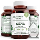 Natural Nutra timp-Release Slow Niacin 500 mg (Vitamina B3), Suport Colesterol sănătos, Promovează sănătate cardiovasculară, Promovează celulele pielii și îmbunătățirea funcției cognitive, 250 comprimate Vegan