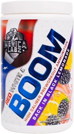 'Merica Labz Red, White, and Boom, High Caliber Pre Workout with VasoDrive-AP®, 350mg Cafeina, Max Energy, Pump and Focus, Cresterea fluxului sanguin si a volumului muscular, 20 Serviri (Back in Black Lemonade)