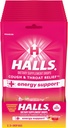 HALLS Relief + suport energetic, picături de tuse de căpșuni, 12 pungi de 25 picături (300 picături totale)