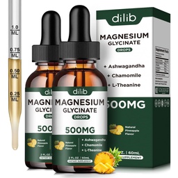 (2 ambalaj) Magneziu Glicinat Supliment, Magneziu lichid picături cu magneziu Glicinat 500mg Ashwagandha, L - Theanină, Mușețel -Suports Optimal Calm Sleep Vegan