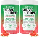 Bellway Super Fiber Powder + Colagen (2 ambalaj), Psyllium Husk pulbere fără zahăr cu Colagen Peptide și acid hialuronic pentru sănătate gută, piele sănătoasă, unghii, oase și articulații, pepene verde (21.2 oz)