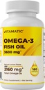 Vitamatic Triple Putere Omega 3 ulei de pește 3600mg Per Servire, 2160mg Omega 3 Acidi grasi, 1296mg EPA + 864mg DHA, Burpless Lemon Flavor, 180 Softgels