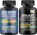 Sea Moss and shilajit Sea Moss Black Seed Oil Ashwagandha Ginger&shilajit rhodiola rosea panax Ginseng (120 Count (Pack of 2)