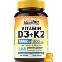 Suplimentul de vitamina D3 K2, 10000 UI D3 / 200 mcg K2 MK7, Absorbţie de calciu, Bone, Inimă, Suport Imun şi Mood, Absorbţie îmbunătăţită, Nu Soy, Uşor de înghiţit, 300 Softgels
