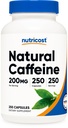 Nutricost Cafeina Naturală 200mg, 250 capsule vegetariene - Gluten gratuit, non-GMO