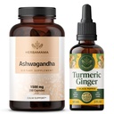 HERBAMAMA Ashwagandha și Turmeric Ginger Kit - Bundle of 1500 mg Ashwagandha Root Capsules & Turmeric Ginger Tincture 2 fl oz - Vegan, Non-GMO, Sugar & Alcool-Free - 2 Pack