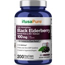 NusaPure Black Elderberry 50:1 Extract, 100 mg echivalent cu 5000 mg per Capsule Veggie, 200 Conte (non-GMO, Bioperine) Sambucus Supliment