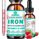 Supliment de fier lichid w/vitamina C, B-complex, lichid de fier de mare potenta w. Multivitamine, picaturi de fier Vegan pentru femei, copii, supliment de fier lichid Chelate pentru anemie, oboseală, suport de celule roșii din sânge
