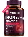Supliment de fier pentru femei Barbati, mare potenta de fier 65mg cu vitamina C 250mg, Stomac pastile de fier prietenos pentru celule rosii si suport imunitar, non-GMO & Gluten gratuit,180 comprimate Vegan