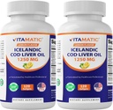 Vitamatic 2 ambalaj Islandez Cod capsule de ulei de ficat 1250 mg 120 Softgels (Lemon Flavor) - promovează sănătatea cardiovasculară