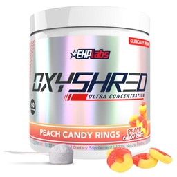 EHP Labs OxyShred Pre Workout pulbere - Preworkout pulbere cu L Glutamina si Acetil L Carnitina, Energetic Boost Drink - Peach Candy Rings, 60 Serviri