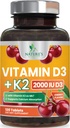 Vitamina D3 K2 2000 UI Plus cu K2 (MK-7) 75 mcg - Vitamine D & K Supliment complex pentru oase, dinţi, muşchi, absorbţie de calciu, susţine imune şi Heart Health, non- GMO Formula masticabile - 120 comprimate