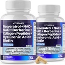 Vitamax Resveratrol NAD+ Berberine Acid hialuronic - Biotin Grape & Blueberry + NAC - Colagen Peptides - Păr, unghie, Skin & Joint Supplement - 21-in-1 Femei și bărbați - Made in USA - 120 Count