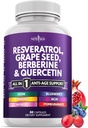 NEW AGE Resveratrol, Berberine, extract de semințe de struguri, Querbetin - supliment polifenol pentru femei și bărbați cu extract Noni, N-Acetyl Cysteine, extract Acai - 60 capsule