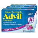 Advil Junior puterea Chemable Ibuprofen durere Relieiver și Reductor de febră, Ibuprofen pentru copii pentru ameliorarea durerii, struguri - 24 comprimate (Pachet de 3)