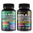 Shilajit și Sea Moss Combo - Sea Moss și Shilajit Bundle cu Ashwagandha, Black Seed, Turmeric, Bladderwrack, Burdock, Black Pepper cu vitamine și antioxidanți - 120 Capsule vegetale