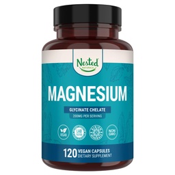 Naturals Nested Magneziu Glycinate Chelat - 200mg Supliment Chelate Magneziu pentru Crampi musculare, Relaxare, & Suport de somn - 100% Albion Traccs Buffered Magneziu Glicinat - 120 Vegan capsule