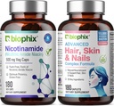 B-3 Nicotinamida 500 mg 180 Vcaps - Piele de par si unghii 180 Caplete 10000 mcg Biotin - Nicotinic Amide Niacin Natural Flush-Free Vitamina Formula - Sustine sanatatea celulelor pielii