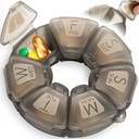 Round Weekly Pill Organizator, TPU Rubberized, Travel Pill Container 7 zile, cu 7 Compartimente mari, mare pentru Daily Vitamine & Suplimente, Cute Pill Case cu litere mari și Braille (Grey)