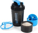 Sticluță Shaker - Cupa Shaker de proteine cu compartimentări de stocare - Sticle de Shakeout rezistente la scurgeri cu Mixer pentru amestecare netedă-500ML/16oz (BLUE & BLACK)