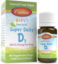 Carlson - Super Daily D3 Baby Vegetarian Liquid Vitamin D picături, 400 UI (10 mcg) pe picătură, Sursat din Algae, pentru sugari și copii mici, Nearomate, 90 picături (2,54 ml)