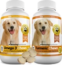 Combo Omega-3 uimitor ulei de pește și Curcumin Turmeric pentru câini - Antioxidant de animale de companie pur toate-naturale - promovează haina lucioasă, sănătatea creierului, elimină dureri articulare, 120 Chews gustoase x 2