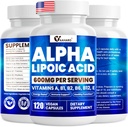 Alpha Acid lipoic 600mg, Supliment ALA pentru stimularea energiei, suport imunitar, funcţie sănătoasă şi absorbţie sporită, R-Alfa Acid lipoic cu vitamine esenţiale, 120 capsule