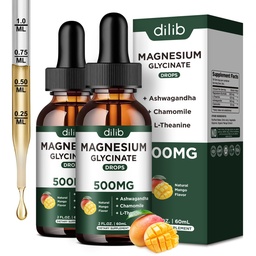 Magneziu Glicinate Picături lichide Supliment, cu magneziu Glicinat 500mg Ashwagandha, L - Theanină, Mușețel -Suport Stress Relief, Os, Muschi, Mood Mango Flavor 2Pack