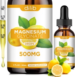 Magneziu Glicinat Supliment, Magneziu Glicinat Picături lichide 500 mg cu calciu, zinc, vitamina B6, D3, L-Theanină, Omega 3 pentru somn, Mood, Stresss Relief, Os, Muschi, Aroma de lamaie