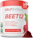 Selfevolve Beet12 - Pulbere organică de rădăcină de sfeclă Îmbunătățită cu vitamina B12, Booster oxid de azot, Suport de pudră de sfeclă de zahăr Energie naturală, Pulbere de sfeclă cu aromă de cireșe negre, 30 Serviri