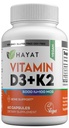 HAYAT Vitamine Vegan vitamina D3+K2 (5000 UI + 100 MCG), Supliment alimentar pentru oase, dinți, mușchi și sprijin pentru sănătate imună, 2 luni de aprovizionare, certificat Halal, 60 capsule, Made in the USA
