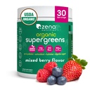 Zena Nutrition Organic Super Greens Powder, 70+ Superfoods, 0 Zahăr, 3G Fiber, Spirulina, Chlorella, Antioxidanti, Prebiotice/Probiotice, Enzime digestive, Berry mixt, 30 Serviri
