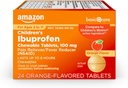 Îngrijire de bază pentru copii Ibuprofen comprimate masticabile, 100 mg, Reliever durere și Reductor febră, Aroma portocalie, pentru dureri, dureri de gât, durere de dinți și ajutor de cap, 24 Conte
