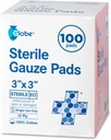 Globe 3' x 3'' Advanced Steril Tiuze Pads, 100-Pack individuale ambalate - 12-Ply Bumbac pentru dressing de îngrijire a rănilor, Bandaje foarte absorbante pentru acasă & utilizare de urgență - călătorie & Kit de prim ajutor esențial