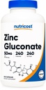 Nutricost Zinc Gluconat 240 Capsule vegetariene (50 mg) - Gluten Free şi non-GMO