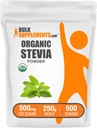 BulkSupplements.com Organic Stevia Powder - Sweetener Pure, Sursate de Stevia Frunze, Suplimentul Herbal - Vegan & Gluten gratuit, 500 mg pe Serving, 250g (8.8 oz) (Pachet de 1)