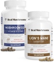 Ciuperci reale Vitamina D2, Zinc, Chaga, Reishi (120ct) și Lion's Mane (120ct) Bundle - Imunitate și suport cognitiv, Zinc Chelated pentru o mai bună absorbție - Vegan, gluten gratuit, non-GMO