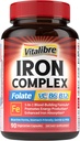 Suplimentul de fier pentru femei si barbati, cu vitamine C, B6, B12 & Folate pentru deficienta de fier, Blood Building & Energy Support, Stomac Friendly, O mai buna absorbtie, Non-GMO, No Gluten, 90 Vegan Caps