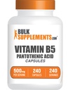 BulkSupplements.com Vitamina B5 Capsule - sub formă de acid pantonic, B Suplimentul de vitamine, Acid pantotenic 500 mg - Gluten Free, 1 capsulă per Serving, 240 capsule (Pachet de 1)