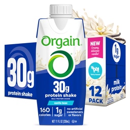 Orgain 30g mare de proteine Shake, lactate izolat de proteine din lapte, Vanilla Bean, 5g BCAAs, 1g zahăr per servire, Masa de înlocuire, gata de băut, Keto prietenos, Gluten-Free 11 Fl Oz (Pachet de 12)
