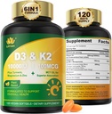 Vitamina D3 10000 UI Plus K2 (MK-7) 100mcg, Vitamina Vegană D3 K2 cu Turmeric, Magneziu şi Zinc pentru Absorbţie de calciu, Sănătate osoasă şi imună, Ulei de cocos pentru absorbţie ridicată, Uşor de înghiţit, 120 Cts