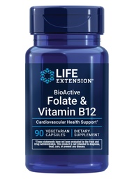 Extensie de viață BioActive Folate & Vitamina B12, Promovează inima, Brain & GI Tract Health, Non-GMO, Gluten-Free, Vegetarian, 90 capsule