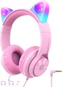 iClever Kids Căști cu Ureche Cat Led Led Up, Seif Volume Limit, FunShare, Foldable, Over-Ear Căști pentru copii pentru școală/iPad/Tablet/Travel, Meow Donut-Pink