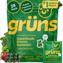 Gruns Adult Sugar-Free Super Greens Multivitamine Gummies, Superfood Gummy Vitamine pentru femei și bărbați cu Spirulina, Chlorella, Adaptogens & Fiber Prebiotic pentru Digestive Health (28 Conte)