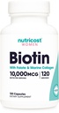 Nutricost Biotin pentru femei 10000mcg 120 capsule - cu Folate & Colagen, gluten gratuit & non-GMO