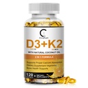 Vitamina D3 K2 Supliment cu vitamina D3 5000 UI, 200 mcg Vitamina K2 MK-7 & Ulei natural de cocos, Pe bază de plante 2-1 Formula pentru oase, dinți, mușchi și sprijin pentru sănătate imună,120 capsule Softgel