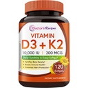 Reţete medicale Vitamina D3 K2, 10000 UI, 200 μg, MK-7, Densitate osoasă puternică, Dinţi, Imun, Suport cardiac, Energie, Absorbţie de calciu, Nu Soy & Gluten, Non-GMO, 120 Softgels