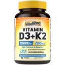 Vitalibre Vitamina D3 K2 Supliment, 10000 UI D3 / 200 mcg K2 MK7, Absorbţie de calciu, os, inimă, suport imun şi mood, absorbţie îmbunătăţită, fără soia, uşor de înghiţit, 90 Softgels