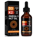 Daiasns Vitamina D3 5000 UI & K2 (MK-7) 120 mcg 60ml picături cu ulei MCT Omega 3, Vitamină lichidă D3 & K2 Suplimente - 2 luni de aprovizionare -Suports Bones, Dinți, Mood & Imunity System, Absorbție de calciu