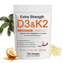 Vitamina D3 K2 Complex de magneziu, extra Putere Wellness D3K2 cu Triple Magneziu si ulei de cocos pentru absorbtie maxima, Suport Bone & Immune Health, Non-GMO, Easy to Swallow, 200 Softgels